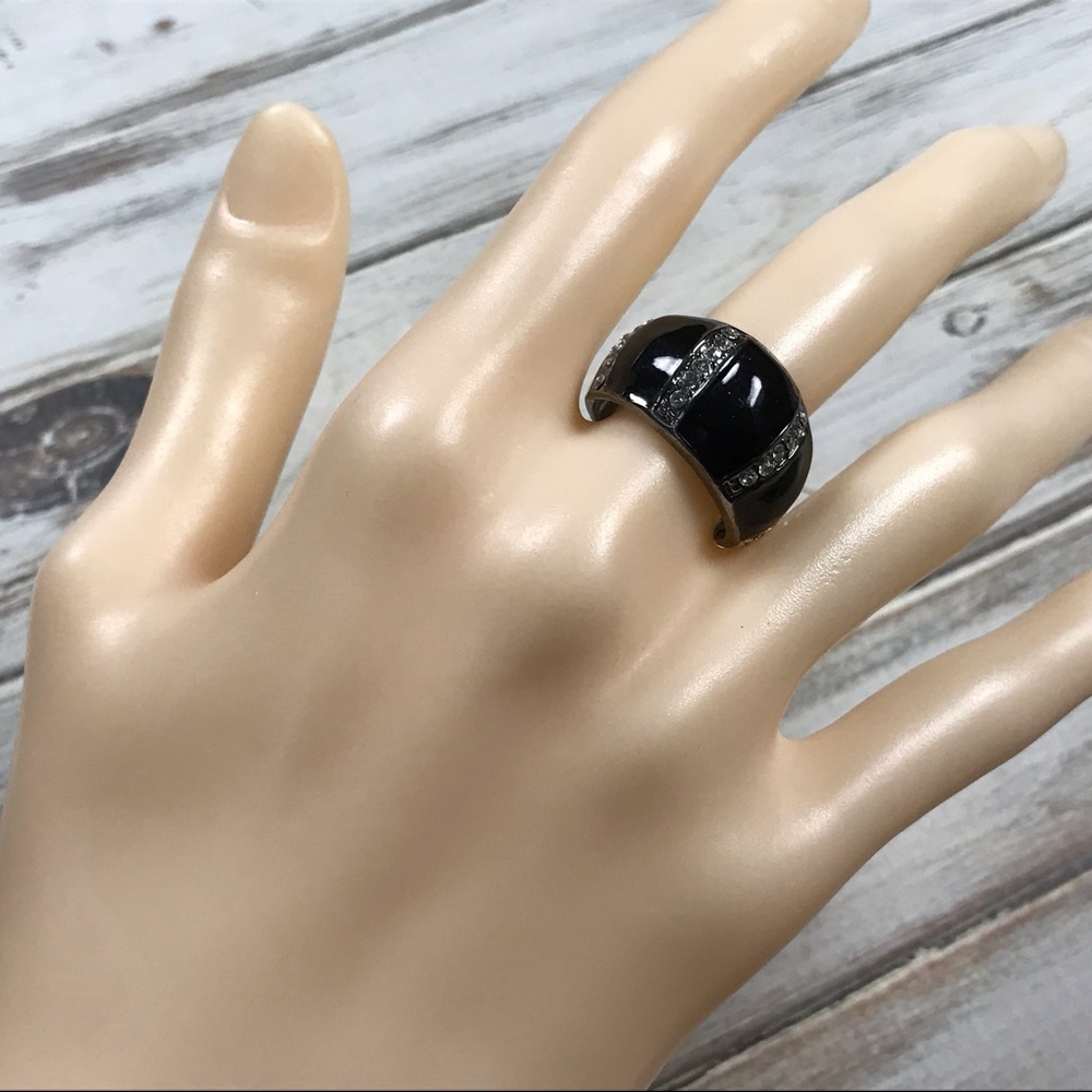 Chunky black enamel rhinestone ring